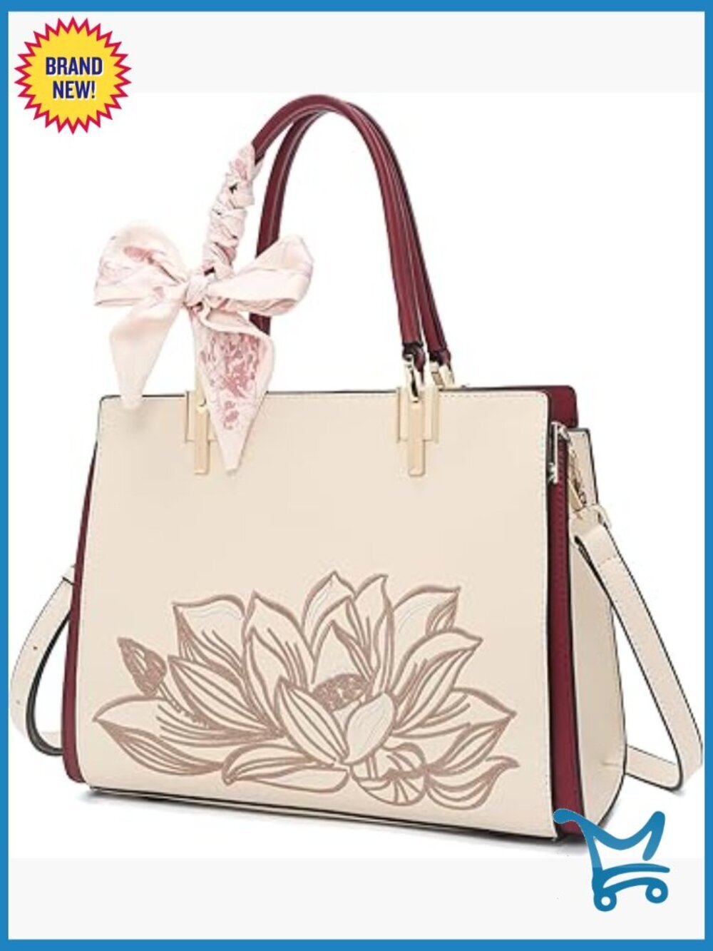 Medium Leather Tote Bag with Adjustable Strap, Zipper Closure, Vintage Floral